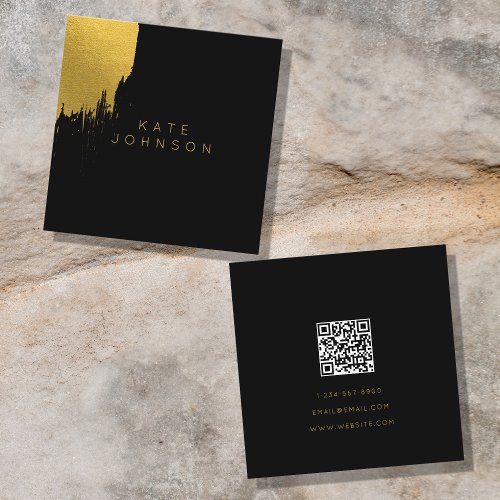 Black Gold Foil Luxury Minimalist QR Code Square Business Card