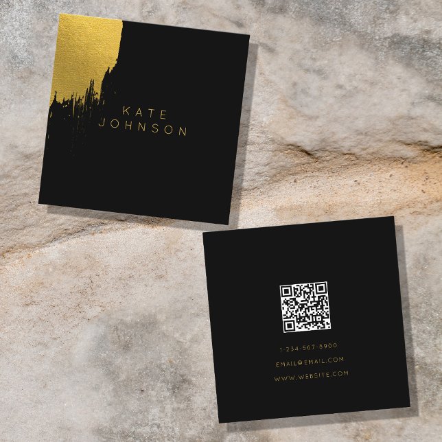 Black Gold Foil Luxury Minimalist QR Code Square Business Card (Creator Uploaded)