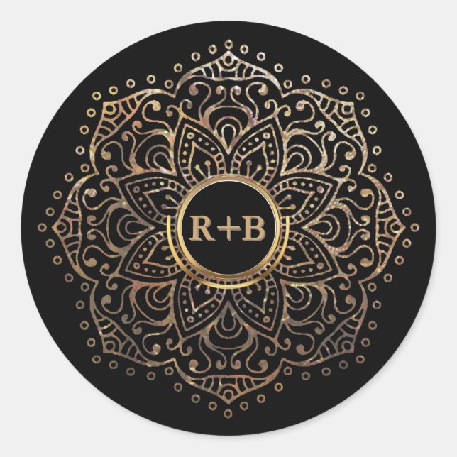 Black Gold Foil Mandala Boho Wedding Favor Classic Round Sticker (Front)