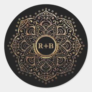 Black Gold Foil Mandala Boho Wedding Favor Classic Round Sticker