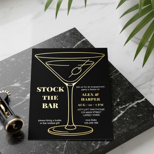 Black Gold Foil Martini Engagement Stock the Bar Invitation