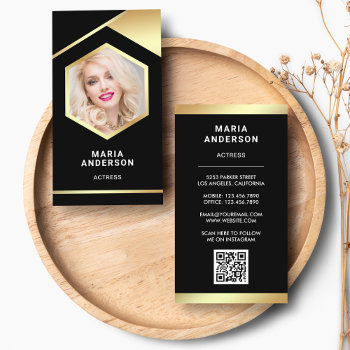 Black Gold Foil Model Actress Qr Code Photo Business Card by ShabzDesigns at Zazzle