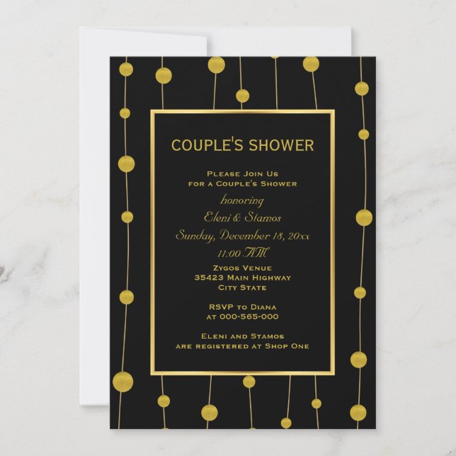 Black, gold foil modern wedding couple's shower invitation (Front)