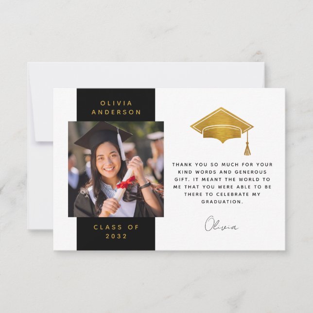 Black Gold Foil Photo Graduation Cap  Thank You Card (Front)