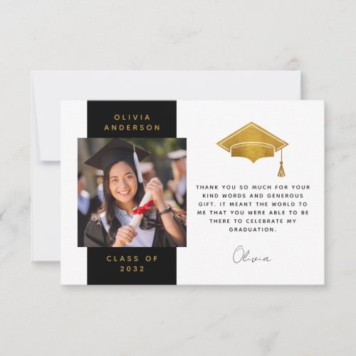 Black Gold Foil Photo Graduation Cap  Thank You Card