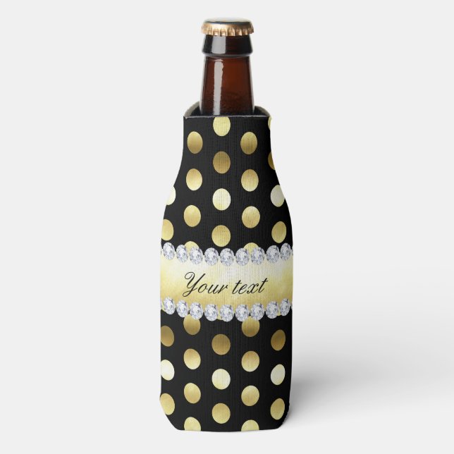 Black Gold Foil Polka Dots Diamonds Bottle Cooler (Bottle Front)
