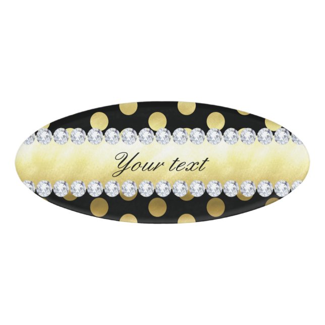 Black Gold Foil Polka Dots Diamonds Name Tag (Front)