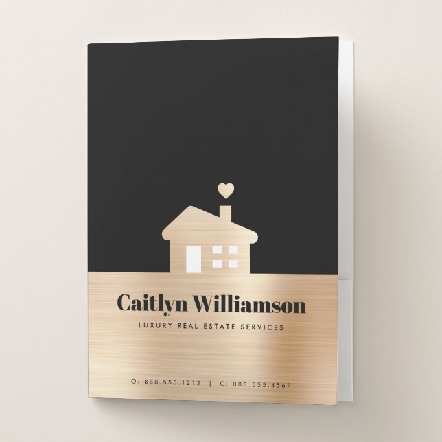 Black Gold Foil Real Estate Broker Agent House Pocket Folder (Front)