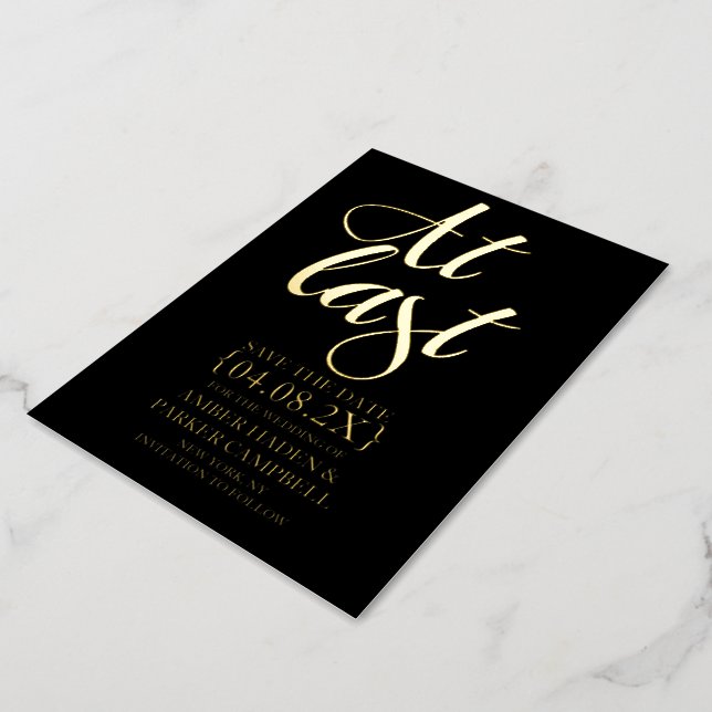 Black Gold Foil Save the Date Invite | At Last  (Rotated)