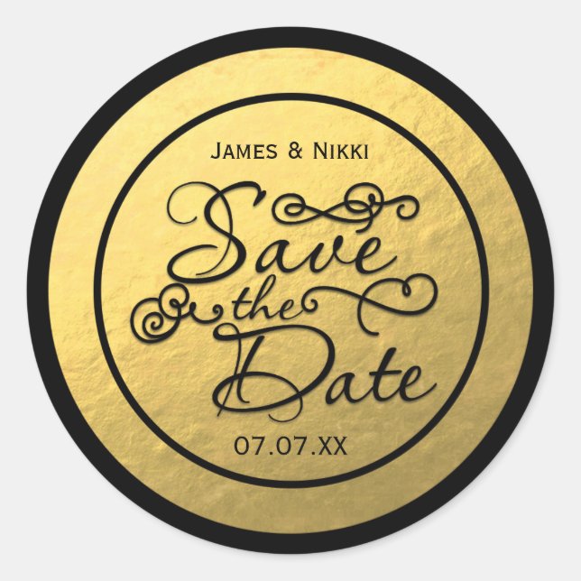 Black & Gold Foil SAVE THE DATE Wedding Sticker (Front)