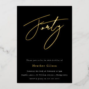 Black & Gold Foil Script 40th Birthday Party Foil Invitation