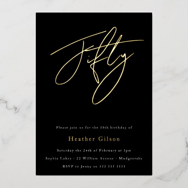 Black & Gold Foil Script 50th Birthday Party Foil Invitation (Front)