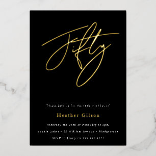 Black & Gold Foil Script 50th Birthday Party Invitation