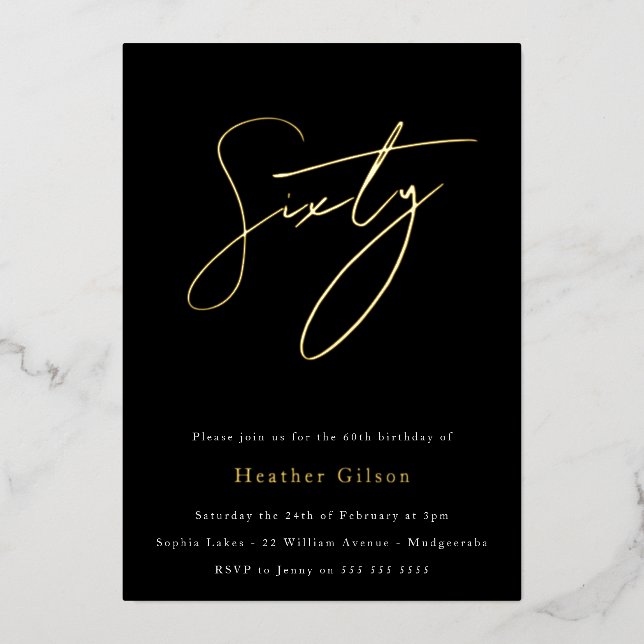 Black & Gold Foil Script 60th Birthday Party Invitation (Front)