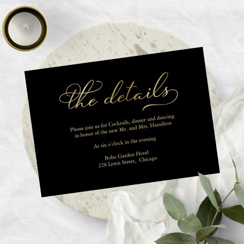 Black Gold Foil Script Wedding Details Card