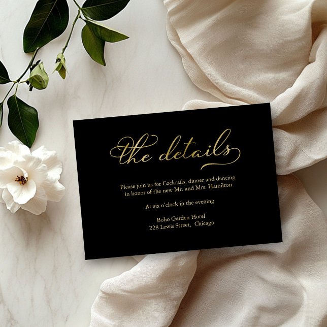 Black Gold Foil Script Wedding Details Card (Creator Uploaded)