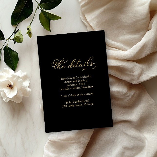 Black Gold Foil Script Wedding Details Card (Creator Uploaded)