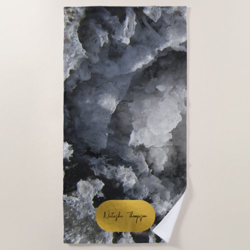 Black Gold Foil Sea Crystals Signature Script  Beach Towel