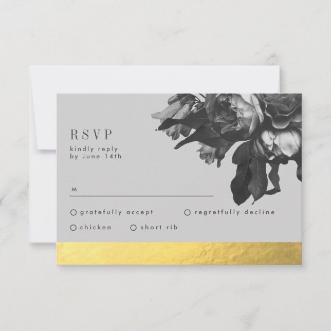 Black Gold Foil Stripe Rose Bouquet Wedding RSVP Card (Front)