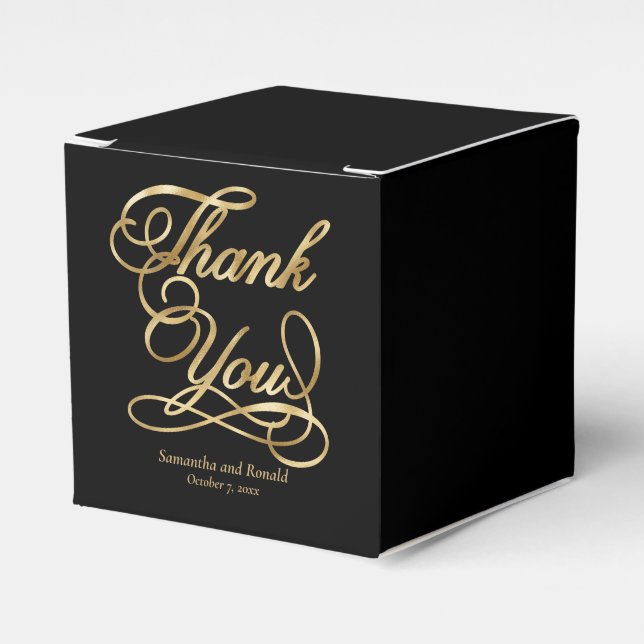 Black & Gold Foil Thank You Calligraphy Wedding Favor Boxes (Front Side)