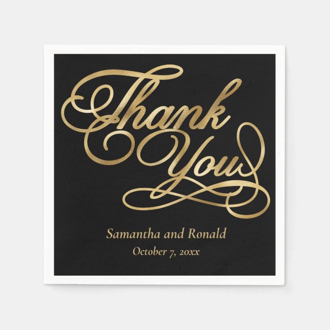 Black & Gold Foil Thank You Calligraphy Wedding Napkins (Front)