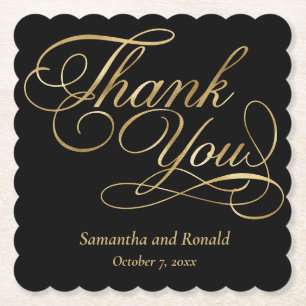 Black & Gold Foil Thank You Calligraphy Wedding Paper Coaster