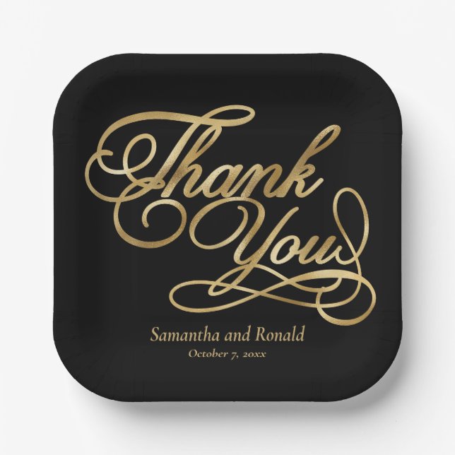 Black & Gold Foil Thank You Calligraphy Wedding Paper Plates (Front)