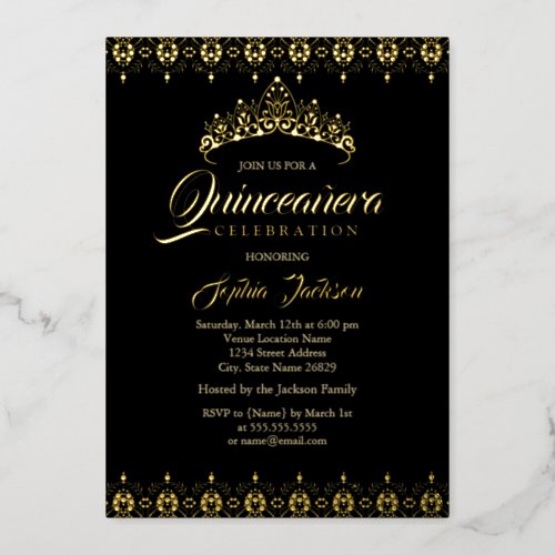 Black Gold foil Tiara Quinceanera Foil Invitation