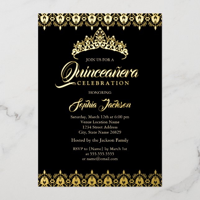 Black Gold foil Tiara Quinceanera Foil Invitation (Front)