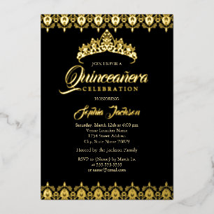 Black Gold foil Tiara Quinceanera Invitation