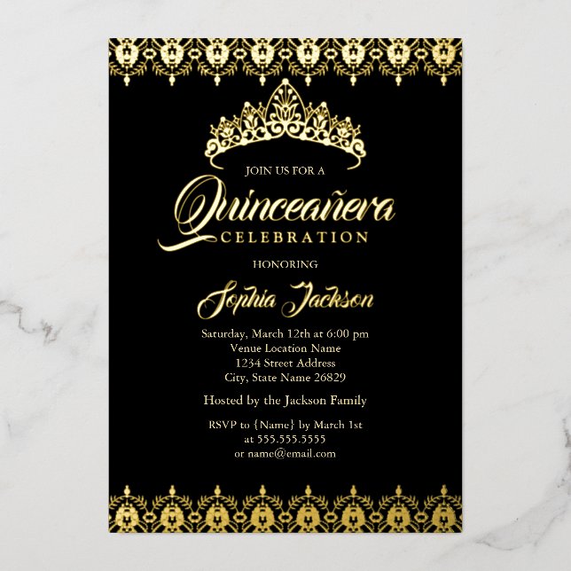 Black Gold foil Tiara Quinceanera Invitation (Front)