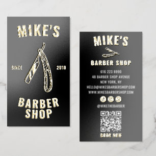 Black Gold Foil Vintage Razor Mens Barber Branding Business Cards