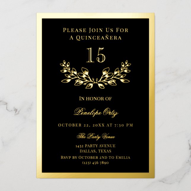 Black & Gold Foil Wreath Quinceañera Foil Invitation (Front)