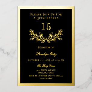 Black & Gold Foil Wreath Quinceañera Invitation