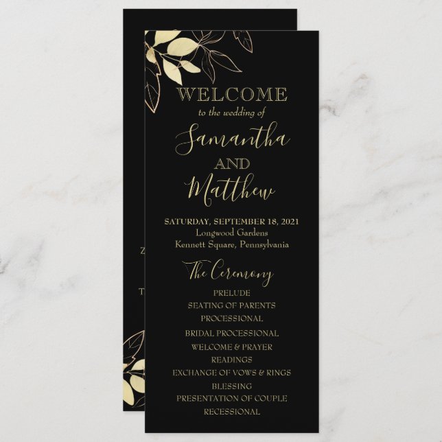 Black & Gold Foliage Botanical Wedding Program (Front/Back)