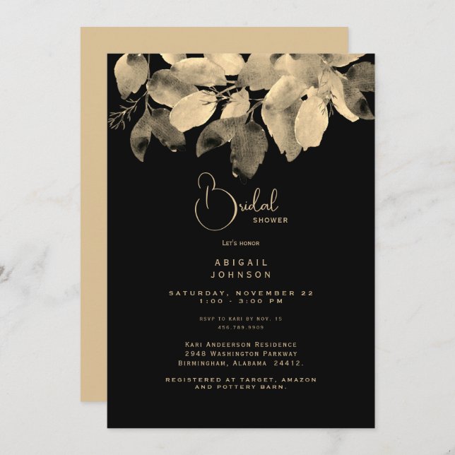 Black & Gold Foliage Bridal Shower  Invitation (Front/Back)