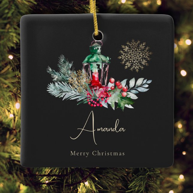 Black Gold Foliage Lantern Modern Merry Christmas Ceramic Ornament (Creator Uploaded)