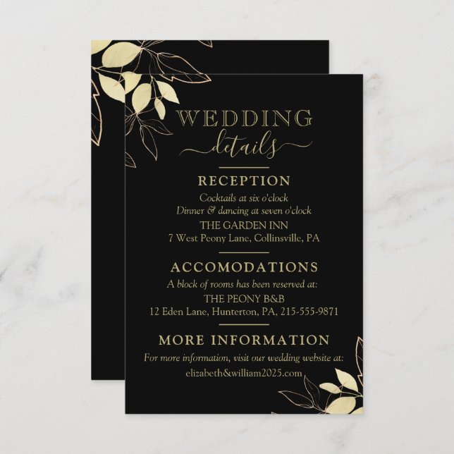 Black & Gold Foliage Modern Botanical Wedding Enclosure Card (Front/Back)