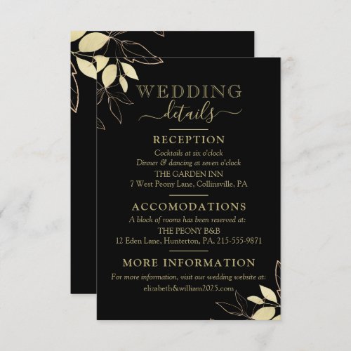 Black  Gold Foliage Modern Botanical Wedding Enclosure Card