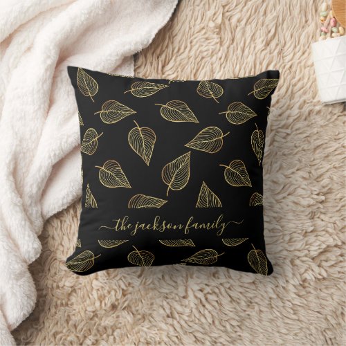 Black gold foliage pattern family monogram throw pillow