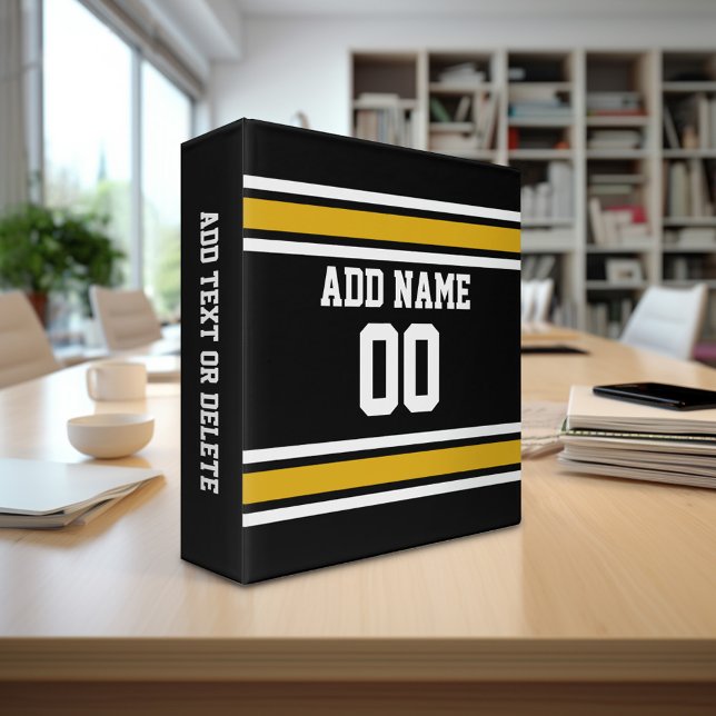 Black Gold Football Jersey Custom Name Number Binder (Personalized 3-ring binder - sports theme with area for name and custom text)