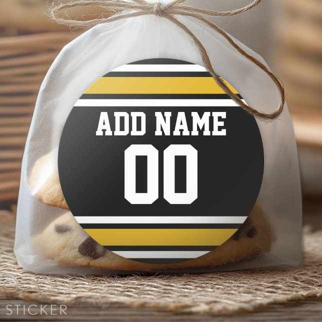 Black Gold Football Jersey Custom Name Number Classic Round Sticker (Custom Sticker for Party Favors and Envelopes)