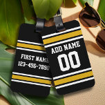 Black Gold Football Jersey Custom Name Number Luggage Tag<br><div class="desc">If you are a Fantasy Football team owner,  make your own products and show off to your friends! Or - Do you play High School Football and want a memento? This jersey design is perfect for anyone playing sports.</div>