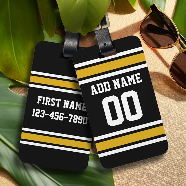 Black Gold Football Jersey Custom Name Number Luggage Tag (Personalized Sports Luggage Tag - Football Jersey Theme)