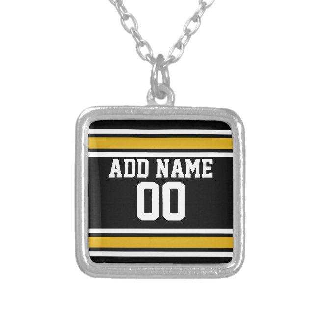 Black Gold Football Jersey Custom Name Number Silver Plated Necklace (Front)