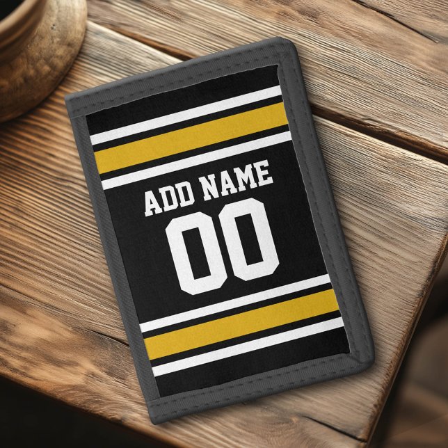 Black Gold Football Jersey Custom Name Number Tri-fold Wallet (Custom Tri-Fold Wallet)