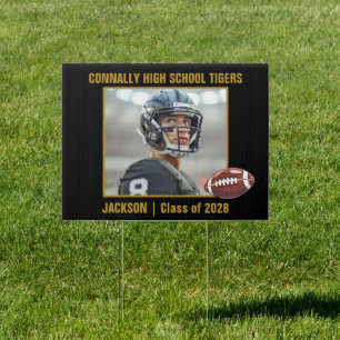 Black Gold Football Player Photo Graduation Yard Sign