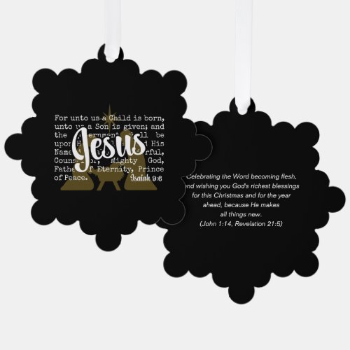 Black Gold FOR UNTO US JESUS Christmas Ornament Card