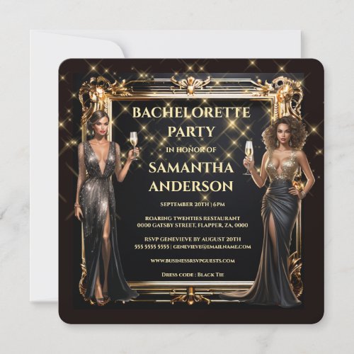 Black gold formal girls weekend away bachelorette invitation