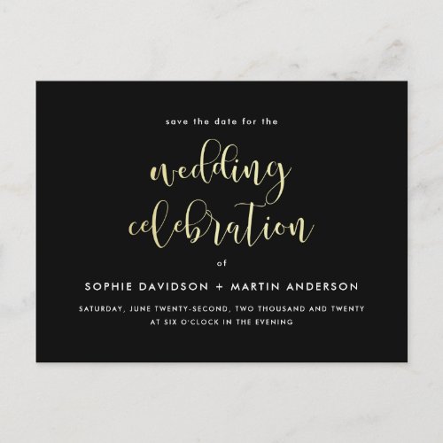 Black & Gold Formal Script Wedding Save The Date Announcement Postcard - Create your own "Black & Gold Formal Script Wedding Save The Date" postcards by Eugene Designs.